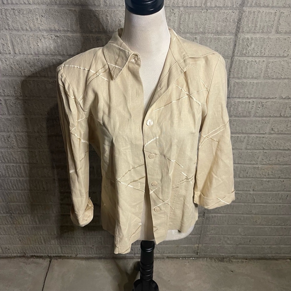 Linea Domani Linen Beige Embroidered Button Down Casual Shirt Size‎ M